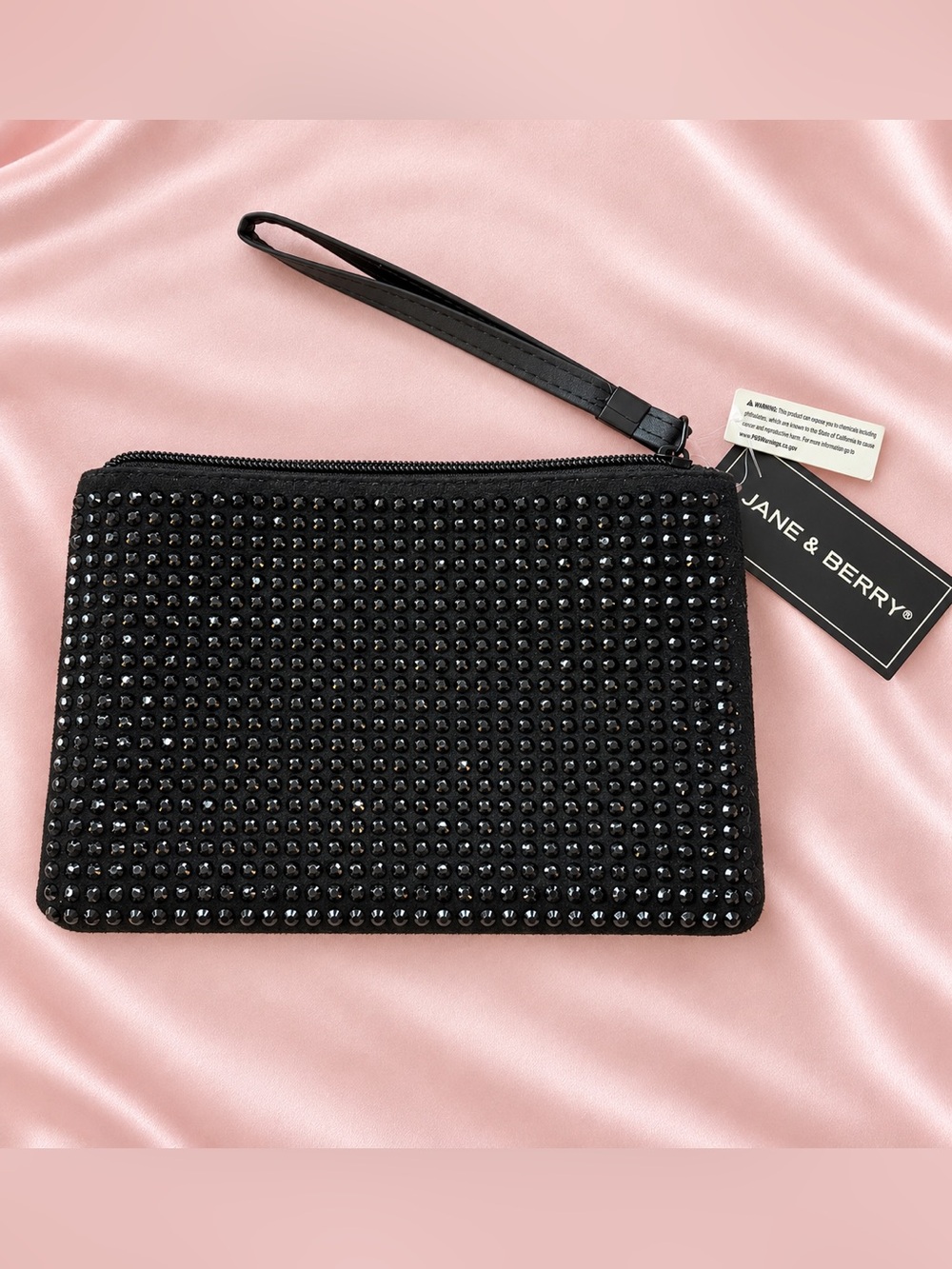 Jane & Berry Black Rhinestone Studded Zip Wristlet Clutch NWT